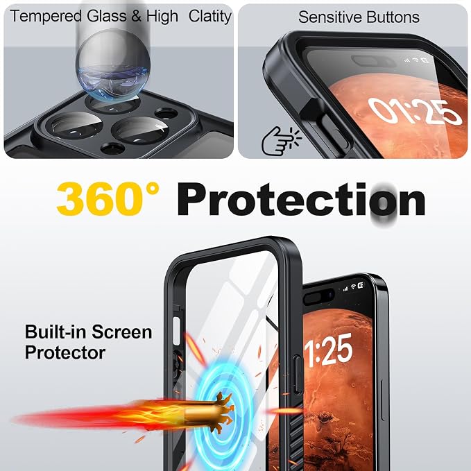 for iPhone 15 Pro Case Waterproof - Built-in Privacy Screen Protector & HD Screen Protector [IP68 Underwater] Shockproof Dustproof Full Body Protection iPhone 15 Pro Phone Case Black