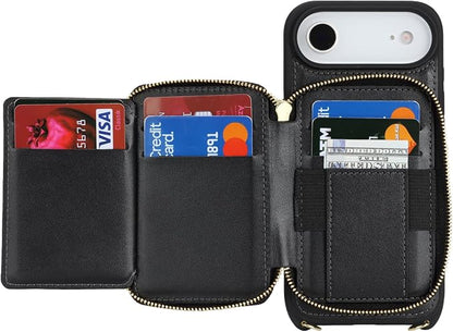 Crossbody Wallet Case for iPhone Air, PU Leather Zipper Handbag Purse Flip Cover, Kickstand Folio Case with Card Slots Holder Wrist Strap Lanyard 5G 6.5 Inch-Black