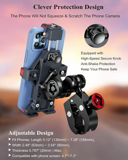 BRCOVAN Metal Anti-Theft Motorcycle Phone Mount with Vibration Dampener & High-Speed Secure Lock, Adjustable Aluminum Alloy Motorcycle Cellphone Holder for Bike Scooter ATV UTV Fit 4.7''-7.2'' Phones