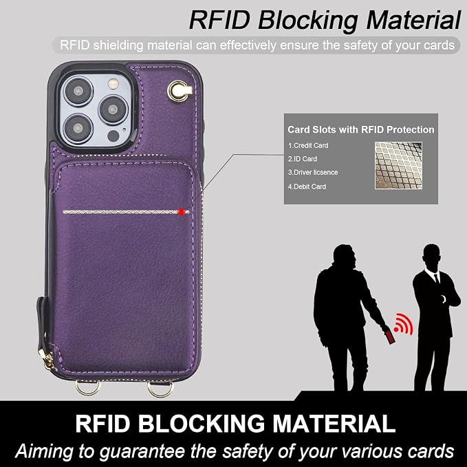 Bocasal Crossbody Wallet Case for iPhone 15 Pro Max, RFID Blocking Leather Purse Case with Card Holder, Protective Handbag Flip Cover with Zipper Wrist Strap Lanyard for Women 6.7 Inch (Dark Purple)