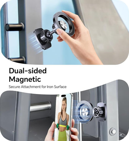Romuto Magnetic Phone Holder for Gym Mag Safe Phone Holder【Dual Grip】 Gym Phone Holder Magnet Phone Camera Mount for Gym Accessories for Women Attach to Metal Surface with iPhone 17 Pro Max 16 15 14