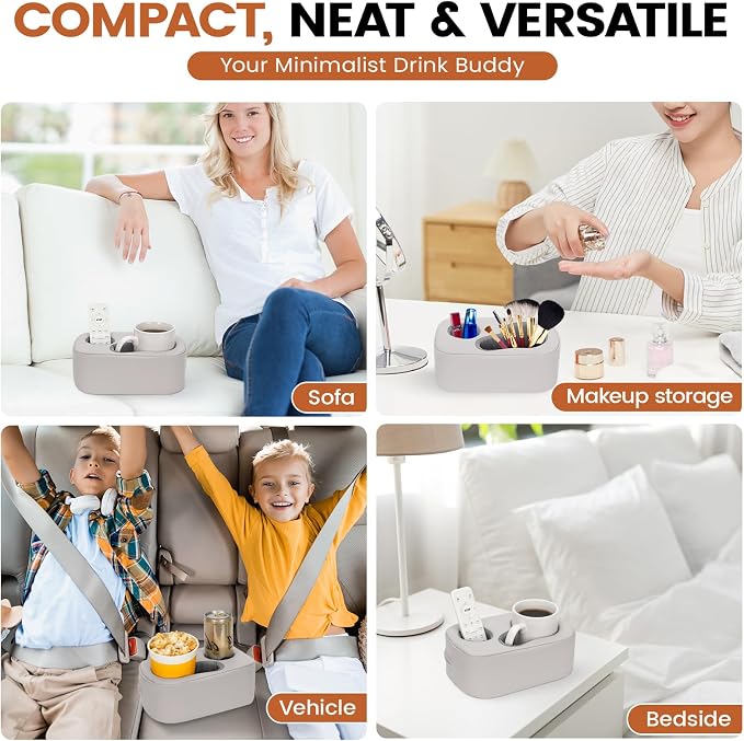 G GOOD GAIN Couch Cup Holder Pillow - Sofa & Bed Organizer Caddy for Drinks, Phones, Remotes, Snacks | Portable Tray for Car, Boat, RV, Picnic,PUGrey