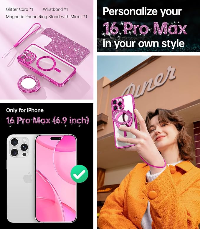 Meifigno Magnetic Case with Removable Phone Ring Stand for iPhone 16 Pro Max 6.9’’, [Glitter Card & Wrist Strap] [MagSafe Compatible] [Built in Mirror] Phone Ring Stand + Phone Case Kit, Hot Pink