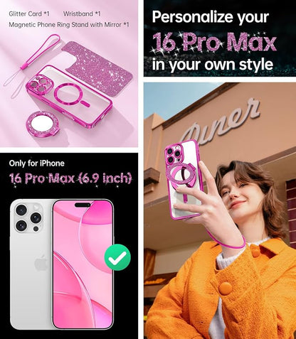 Meifigno Magnetic Case with Removable Phone Ring Stand for iPhone 16 Pro Max 6.9’’, [Glitter Card & Wrist Strap] [MagSafe Compatible] [Built in Mirror] Phone Ring Stand + Phone Case Kit, Hot Pink