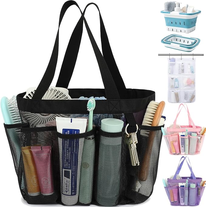Fammart Mesh Shower Caddy Portable for College Dorm Room Essentials, 8-Pocket Large Shower Basket Tote Bag with 2 Handles for Toiletry, Bathroom, Beach, Camp, Gym
