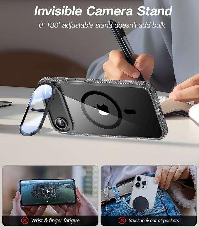 [Upgraded Full Camera Protection] for iPhone Air Case with Camera Cover Stand [Fit for MagSafe][10FT Mil-Grade Protection] Transparent Magnetic Phone Cover for iPhone 17 Air Case, Clear Black