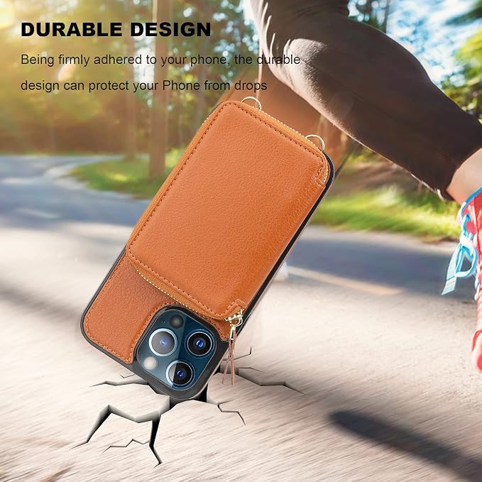 Bocasal RFID Blocking Wallet Case for iPhone 13 Pro Max, Adjustable Crossbody Zipper Purse with Kickstand and Detachable Wrist Strap, PU Leather Flip Folio Case 6.7 Inch 5G (Brown)