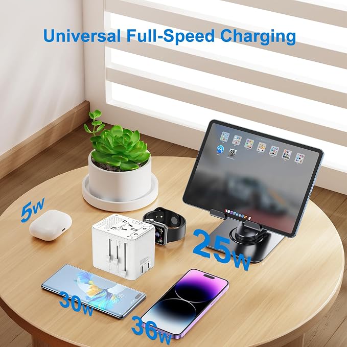 Universal Travel Adapter 25W, International Power Plug Converter with 2500W High Power Support, All-in-One AC Adapter for Europe UK US AUS, 2 USB-C + 2 USB-A Ports, Compact Travel Charger