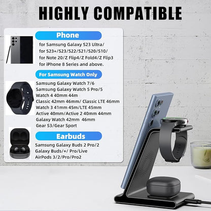 Wireless Charger for Samsung Charging Station, 3 in 1 Samsung Wireless Charger for Samsung Galaxy S24 Ultra/S23 Ultra/Z Flip 5/Fold 5/Buds, Watch Charger for Galaxy Watch 6/5 Pro/4/3