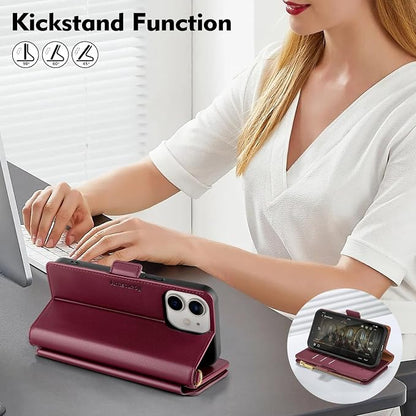 Antsturdy Compatible with iPhone 12 Wallet Case,RFID Blocking PU Leather Phone Case Women Men Kickstand Flip Cover Wrist Strap Zipper Credit Card Holder Slots,for Apple 12 Pro 6.1",Wine Red