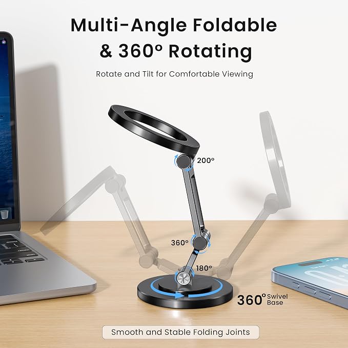 Itramax 360° Rotation Magnetic Phone Stand,Foldable Portable iPhone Stand for Desk with Non-Slip Base,Dual-Sided Ring Smartphone Holder for iPhone 17 16 Plus 13 12 11,Pixel 9 8,Samsung,Office,Kitchen