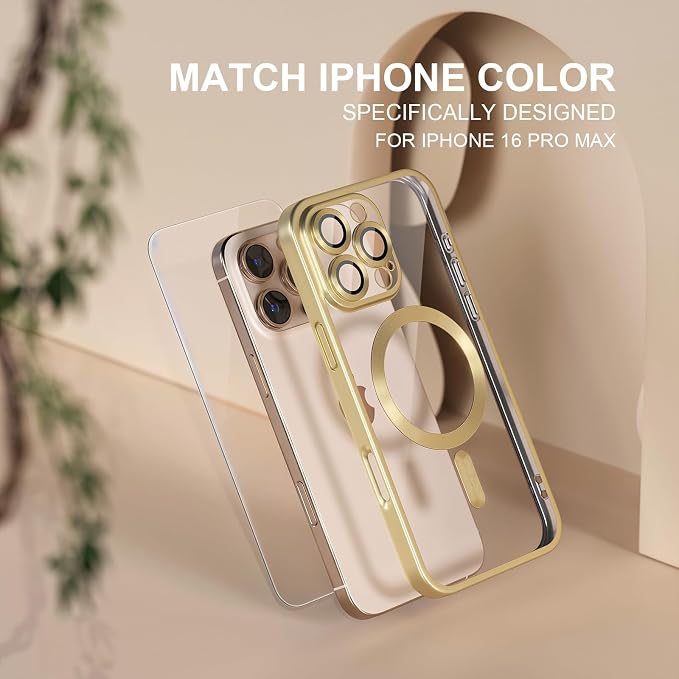 Misea Magnetic for iPhone 16 Pro Max Case Compatible with MagSafe [Never Yellowing] [Military Grade Drop Protection] Full Camera Lens Protector Plating Soft Clear Phone Case for Women, Titanium Gold