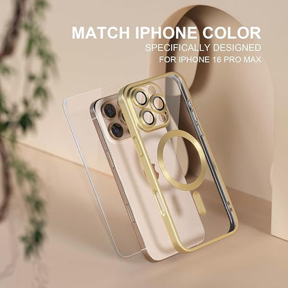 Misea Magnetic for iPhone 16 Pro Max Case Compatible with MagSafe [Never Yellowing] [Military Grade Drop Protection] Full Camera Lens Protector Plating Soft Clear Phone Case for Women, Titanium Gold