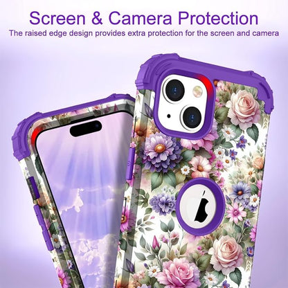 Hocase for iPhone 15 Plus Case, Heavy Duty Shockproof Protection Soft Silicone Rubber Bumper+Hard Plastic Hybrid Protective Case for iPhone 15 Plus 6.7" 2023 - Purple Pink Flowers