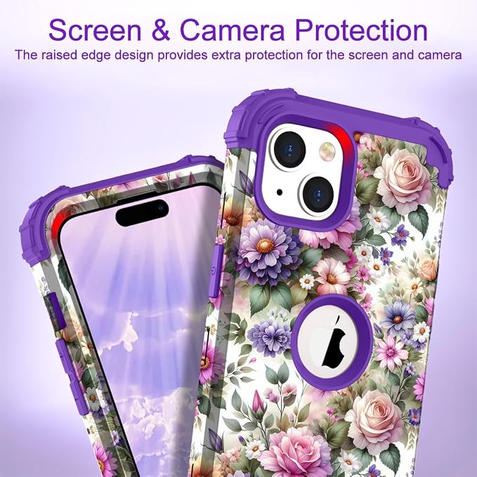 Hocase for iPhone 15 Case, Heavy Duty Shockproof Protection Soft Silicone Rubber Bumper+Hard Plastic Hybrid Protective Case for iPhone 15 (6.1" Display) 2023 - Purple Pink Flowers