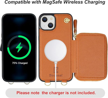 Bocasal for MagSafe Crossbody Wallet Case Compatible with iPhone 14 iPhone 13, RFID Blocking Protective Purse Case with Card Slots Holder Kickstand Wrist Strap Lanyard Zipper 6.1 Inch 5G (Brown)