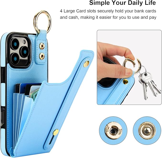 Folosu for iPhone 16 Pro Max Wallet Case with Card Holder, Hand Wrist Strap Loop Holder Kickstand, RFID Blocking Finger Grip Ring PU Leather Double Buttons Shockproof Cover 6.9" Blue