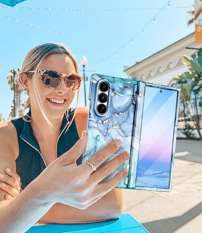 Btscase for Samsung Galaxy Z Fold 7 Case,Built in Front Screen Protector,Gold Glitter Marble Pattern Hard PC Slim Shockproof Full Body Drop Protective Case for Galaxy Z Fold 7 5G, Blue Cyan