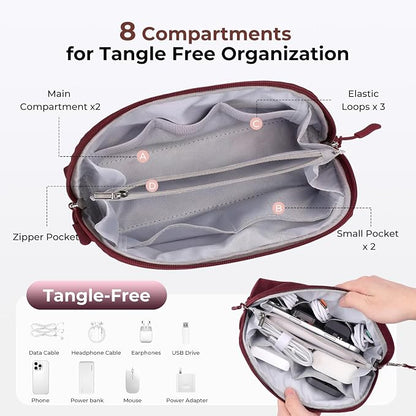 FYY Travel Cable Organizer - 8 Compartments, Lightweight, Water Repellent | With Wrist Strap, Portable Tech Pouch for Cord Charger, Travel and Business Trips Use, Soft Shell Nylon, Wine Red (Medium)