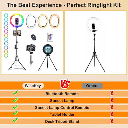 13" Selfie Ring Light with Stand 76" Tall & Phone Holders,Sunset Lamp, Tablet Holder,Desk Tripod& 51 Color Modes, Ring Light Tripod for iPhone,Video Recording,Live Streaming(TikTok/YouTube/Instagram)