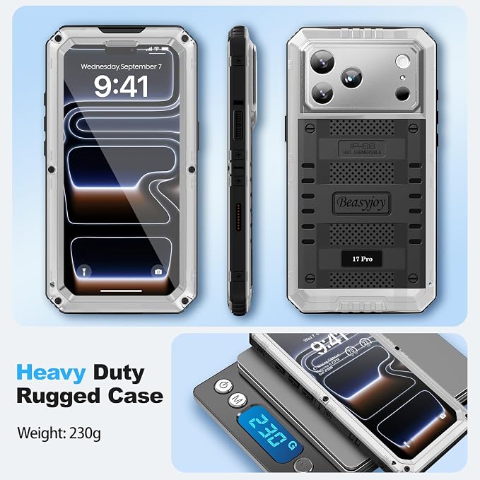 Beasyjoy for iPhone 17 Pro Case Waterproof, Heavy Duty Metal Full Body Protection, Built-in Screen Protector, Military Grade Shockproof Dustproof Rugged Cover for iPhone 17 Pro 6.3", Silver