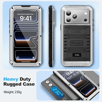 Beasyjoy for iPhone 17 Pro Case Waterproof, Heavy Duty Metal Full Body Protection, Built-in Screen Protector, Military Grade Shockproof Dustproof Rugged Cover for iPhone 17 Pro 6.3", Silver