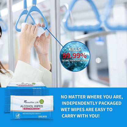 100 Count Individually Packed Hand Sanitizing Wipes - 75% Alcohol Formula with Aloe, Moisturizer, and Vitamin E - Premium Sanitizer for Travel, Home, Office, and School Use