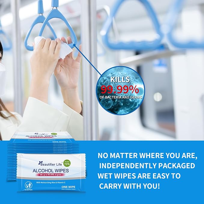 All - Purpose Travel Wipes, 55 Individually Wrapped 75% Alcohol Antibacterial Hand Sanitizing Wipes with Aloe Moisturizer & Vitamin E for for On-the-Go Use, Restaurant, Home Office