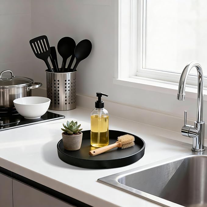 2 Pack 8" Bathroom and Vanity Tray, ABS Bathroom Counter Organizer, Coffee Table Decor for Perfume, Candles, Keys &More. Kitchen Countertop Organizer, Decorative Tray Soap Holder, Black