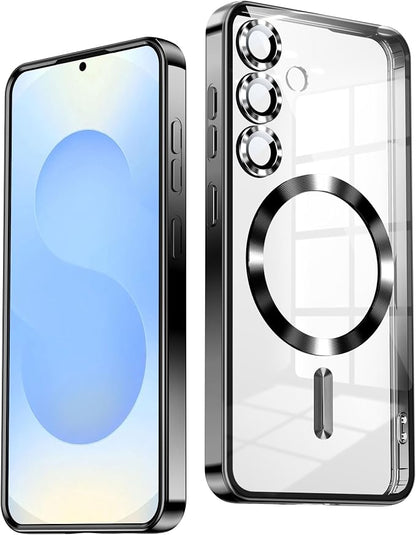 Slim Thin for Samsung Galaxy S25 Case 6.2'', Compatible with MagSafe, Built-in Camera Lens Protector, Shockproof Protective Phone Case, Soft Electroplated Clear Phone Cover, Black