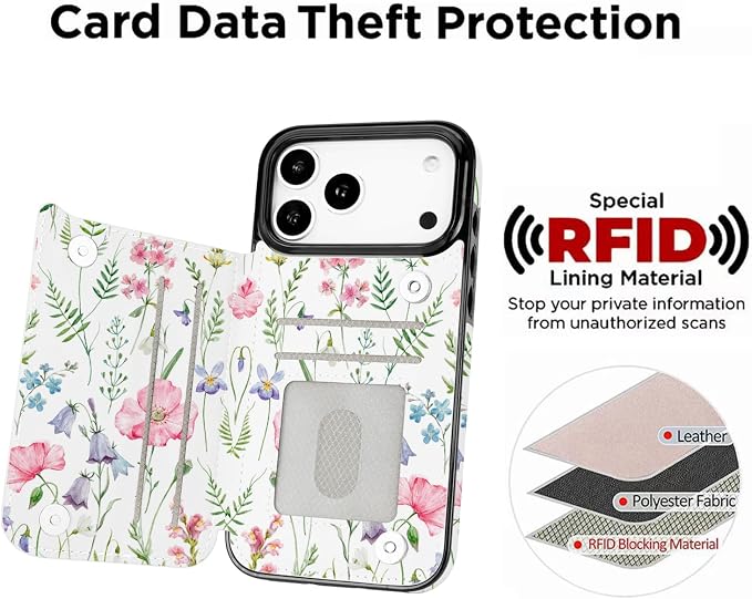 uCOLOR for iPhone 17 Pro Max Wallet Case with Card Holder PU Leather RFID Blocking Design iPhone 17 Pro Max flip case for Women Men Magnetic Clasp Kickstand Design 6.9 inch (Pink Flowers)