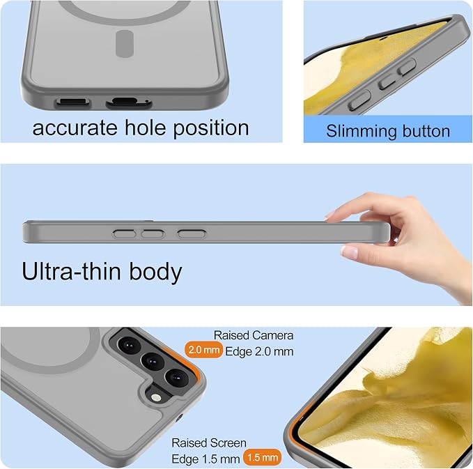 Pilaru for Samsung Galaxy S22 Case [Compatible with Magsafe] Translucent Matte Magnetic Phone Case,Slim Thin Duty Shockproof Protection Cover with 2pc HD Screen Protector-Gray