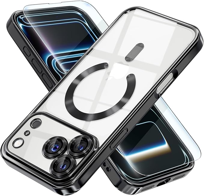 Misea Magnetic for iPhone 17 Pro Case Compatible with MagSafe [Never Yellowing] [Military Grade Drop Protection] Full Camera Lens Protector Plating Soft Clear Phone Case for Women, Black