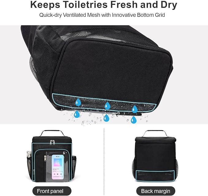 F-color Hanging Shower Caddy Portable with Clear Makeup Bag - College Dorm Essentials for Guys with Hooks Black, TSA Approved Toiletry Bag for Travel Size, Black