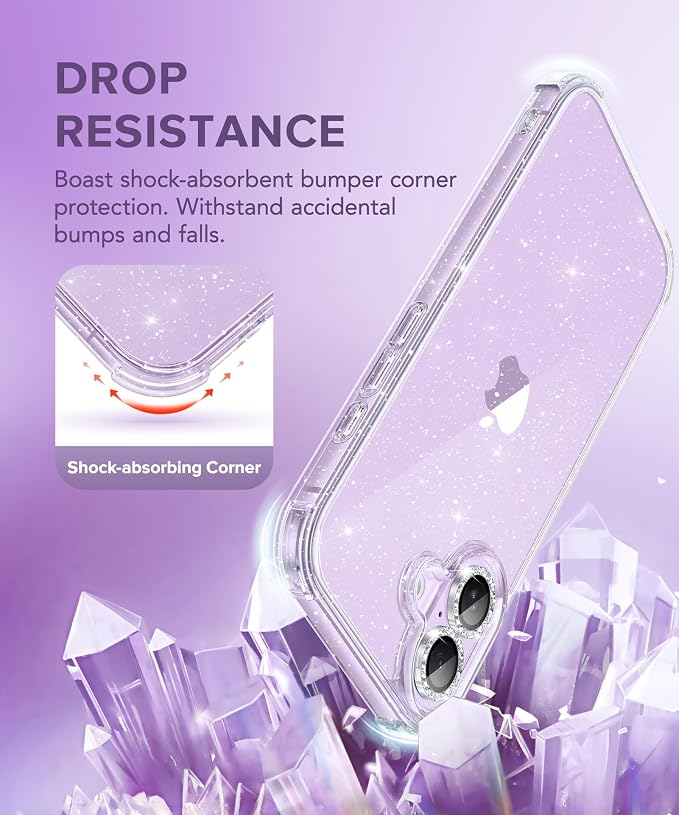 BERFY for iPhone 17 Case for Women, Clear Glitter Shockproof Protective Case, Anti-Yellowing, with Screen Protector & Camera Lens Protector 6.3", Diamond Sparkle Clear