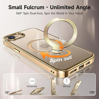 [Tri-Shield Protection] for iPhone 17e/16e Case with 360° Spin Stand Compatible with MagSafe [Magnetic CD Ring] [Screen & Camera Lens Protector] Shockproof Plating Never-Yellowing, Gold-6.1"