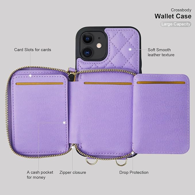 Bocasal Crossbody Wallet Case for iPhone 12/12 Pro, RFID Blocking PU Leather Zipper Handbag Purse Flip Cover, Kickstand Folio Case with Card Slots Holder Wrist Strap Lanyard 5G 6.1 Inch (Purple)
