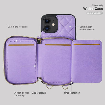 Bocasal Crossbody Wallet Case for iPhone 12/12 Pro, RFID Blocking PU Leather Zipper Handbag Purse Flip Cover, Kickstand Folio Case with Card Slots Holder Wrist Strap Lanyard 5G 6.1 Inch (Purple)