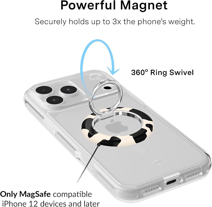 VELVET CAVIAR Compatible with MagSafe Phone Grip 2.0 | Cute Magnetic Ring Holder | Finger Loop Kickstand | Pop On Accessory for iPhone 17, 16, 15, 14, 13, 12 | Cow Print
