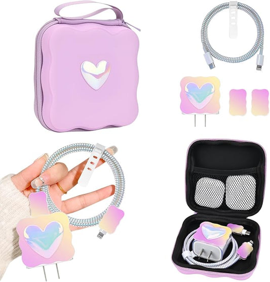 CameCosy DIY Phone Charger Case Storage Sets Cable Protector Earphone Wire Saver with Purple Wave Travel Storage Bag, Cable Charger Protector Cord Organizer for iPhone (Pearl Heart)