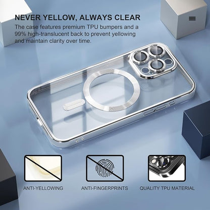 Misea Magnetic for iPhone 15 Pro Max Case with MagSafe [Never Yellowing] [Military Grade Drop Protection] Full Camera Lens Protector Plating Soft Clear Phone Case for Women Girls, Silver