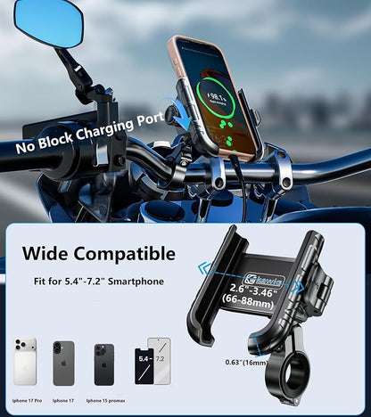 Kewig Motorcycle Phone Mount with Aluminum Alloy Mounting Base [Camera Friendly] [1s Lock & Release] Bike Handlebar Cellphone Holder for Scooter Bicycle ATV, Fit 5.4-7.2" Smartphone
