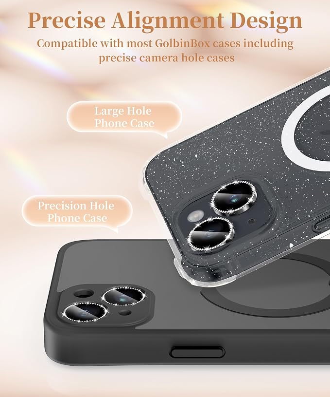 GolbinBox Camera Lens Protector for iPhone 14/14 Plus, 1:1 Invisible Fit, 9H Tempered Glass Ultra HD Metal Individual Camera Cover for Women, Case Friendly, Bling/Black