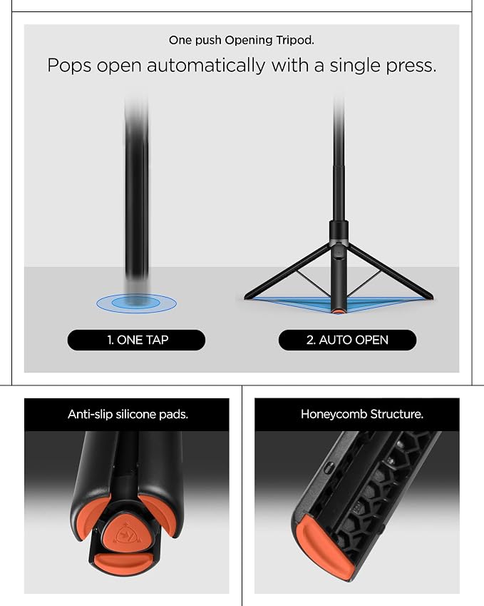 Spigen Selfie Stick Automatic Tripod Stand with Bluetooth Remote Control Shutter 57" Extendable Compatible with MagSafe iPhone 17/16/15/14/13/12 Pixelsnap Pixel 10 Series & More - Black (S581W)