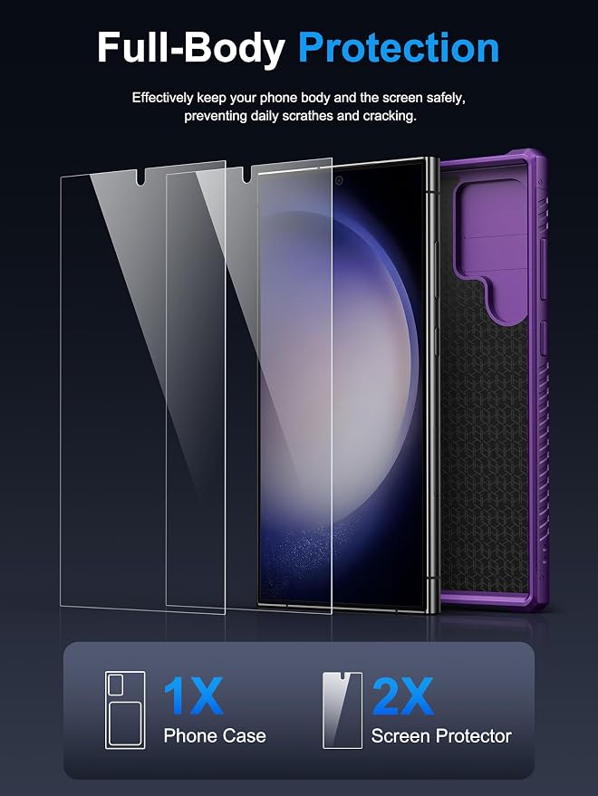Vihibii for Samsung Galaxy S23 Ultra Case with Card Holder (4 Cards), Built-in 2X Tempered Glass Screen Protector & Slide Lens Cover & Stand, Rugged & Shockproof Phone Case for S23 Ultra, Dark Purple