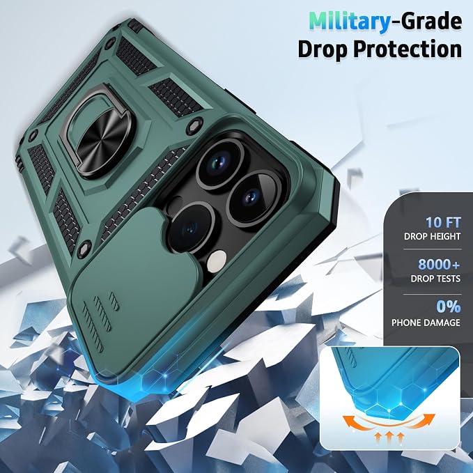 Vinve for iPhone 14 Pro Max Case with Slide Lens Cover HD Screen Protector, Military Grade Drop Protection, Magnetic Rotated Ring Holder Kickstand Protective Phone Case (Pine Green)