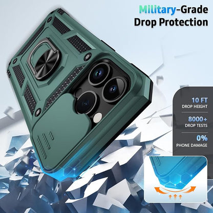 Vinve for iPhone 14 Pro Max Case with Slide Lens Cover HD Screen Protector, Military Grade Drop Protection, Magnetic Rotated Ring Holder Kickstand Protective Phone Case (Pine Green)