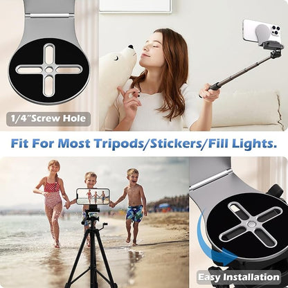 Detachable Magnetic Phone Holder for Laptop & Car, Foldable Desk Phone Stand, Adjustable Magnetic Phone Tripod Mount Adapter with 1/4" Screw Design for MagSafe iPhone and All Phones, Gray