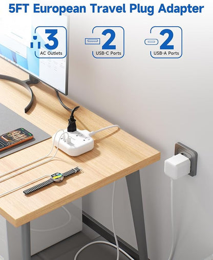 European Travel Plug Adapter - Multi Country Outlet Adapter with 3 AC Outlets & 4 USB(2USB-C)4.2A, 5ft Universal Power Cord, Worldwide Outlet Charger for Europe EU Germany France, Type A/C/G/I, Travel