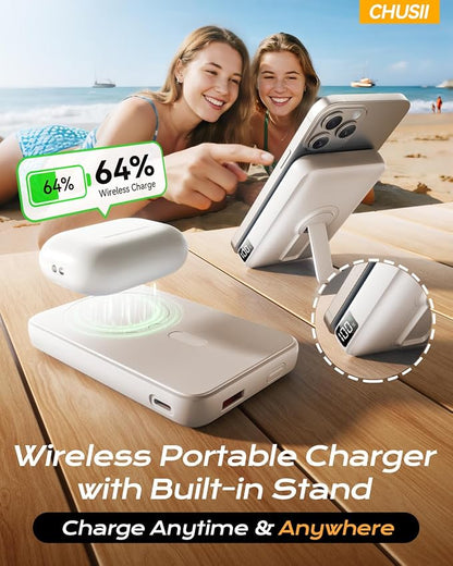 for Magsafe Portable Charger, 12000mAh Wireless Magnetic Power Bank with Stand& PD 20W Fast Charging, for Magsafe Battery Pack Compatible with iPhone 17/16/15/14/13 Series, Powerbank for Travel,Ivory